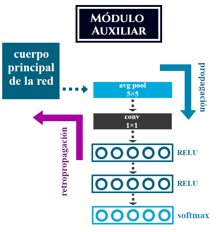 Módulos auxiliares, cuya función es insertar gradiente de la función de pérdida en las capas iniciales de la red GoogLeNet.