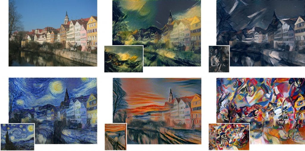 Ejemplos de Transferencia Neuronal de Estilo. Imagen obtenida del artículo A Neural Algorithm of Artistic Style.
