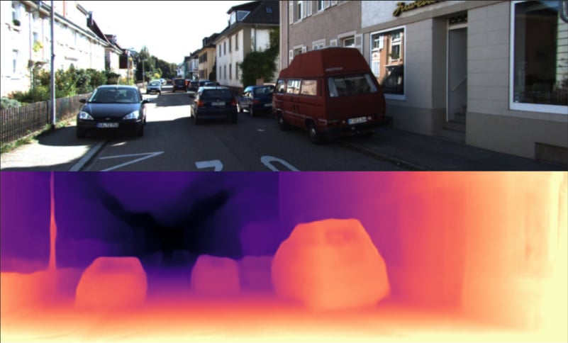 Ejemplo de una imagen pasada tras una red de estimación de profundidad. Los colores más oscuros indican una detección de mayor profundidad.
