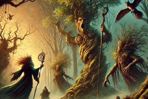 DALL·E 2025-01-06 00.39.52 - A mythical and surreal depiction of the Cad Goddeu, the legendary 'Battle of the Trees' from Welsh mythology. The scene features an enchanted forest c